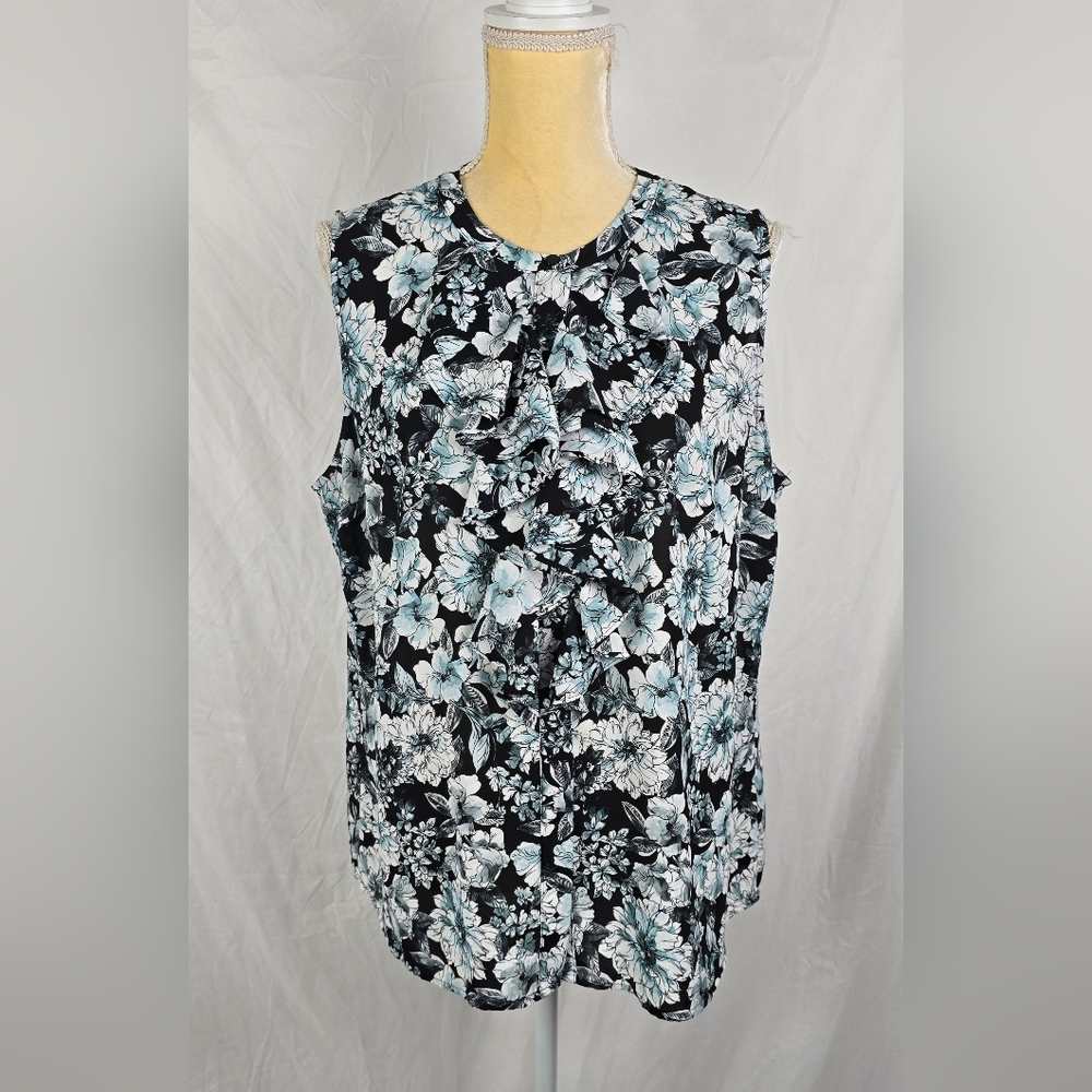 Karl Lagerfeld Paris Ruffled Hidden Buttoned Floral Sleeveless Top sz XL